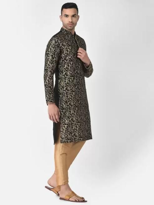 Men's Printed Dupion Silk Kurta Pyjama Set Black-Golden