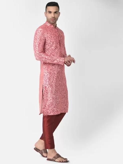 Men's Printed Dupion Silk Kurta Pyjama Set Pink-Red