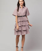 Women's Crepe Solid Shirt Collar Flared Purple Short Dress