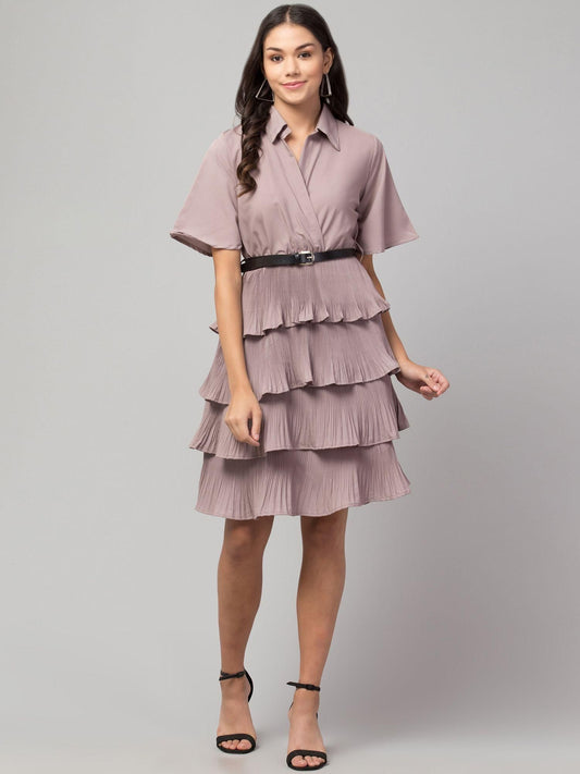 Women's Crepe Solid Shirt Collar Flared Purple Short Dress