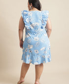 Blue Floral Flared Short Dress for Women