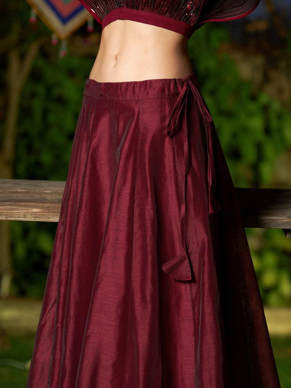 Women's Maroon Mesh Metallic Detail Top with Long Skirt