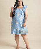 Blue Floral Flared Short Dress for Women