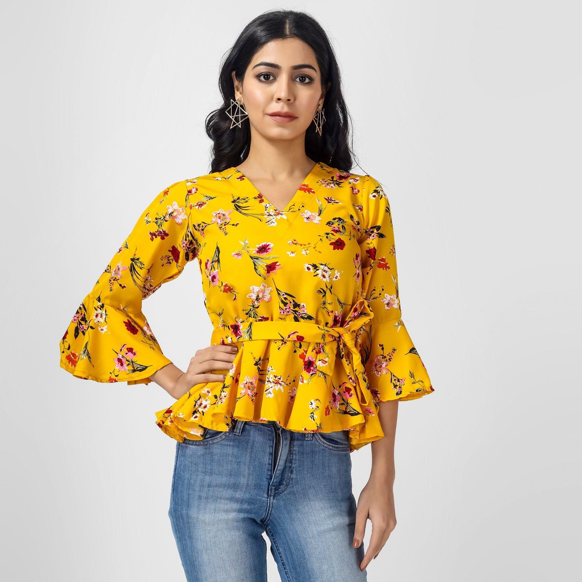 Women's Crepe Floral Print Mustard Top