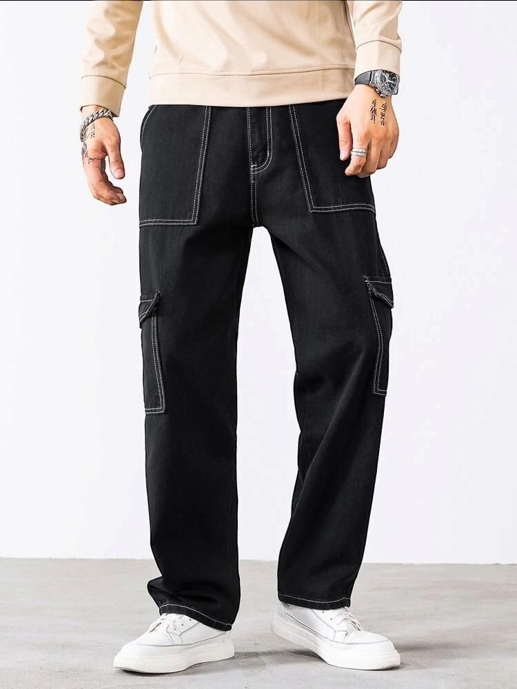 Men's Cotton Solid Multipocket Black Cargo Jeans