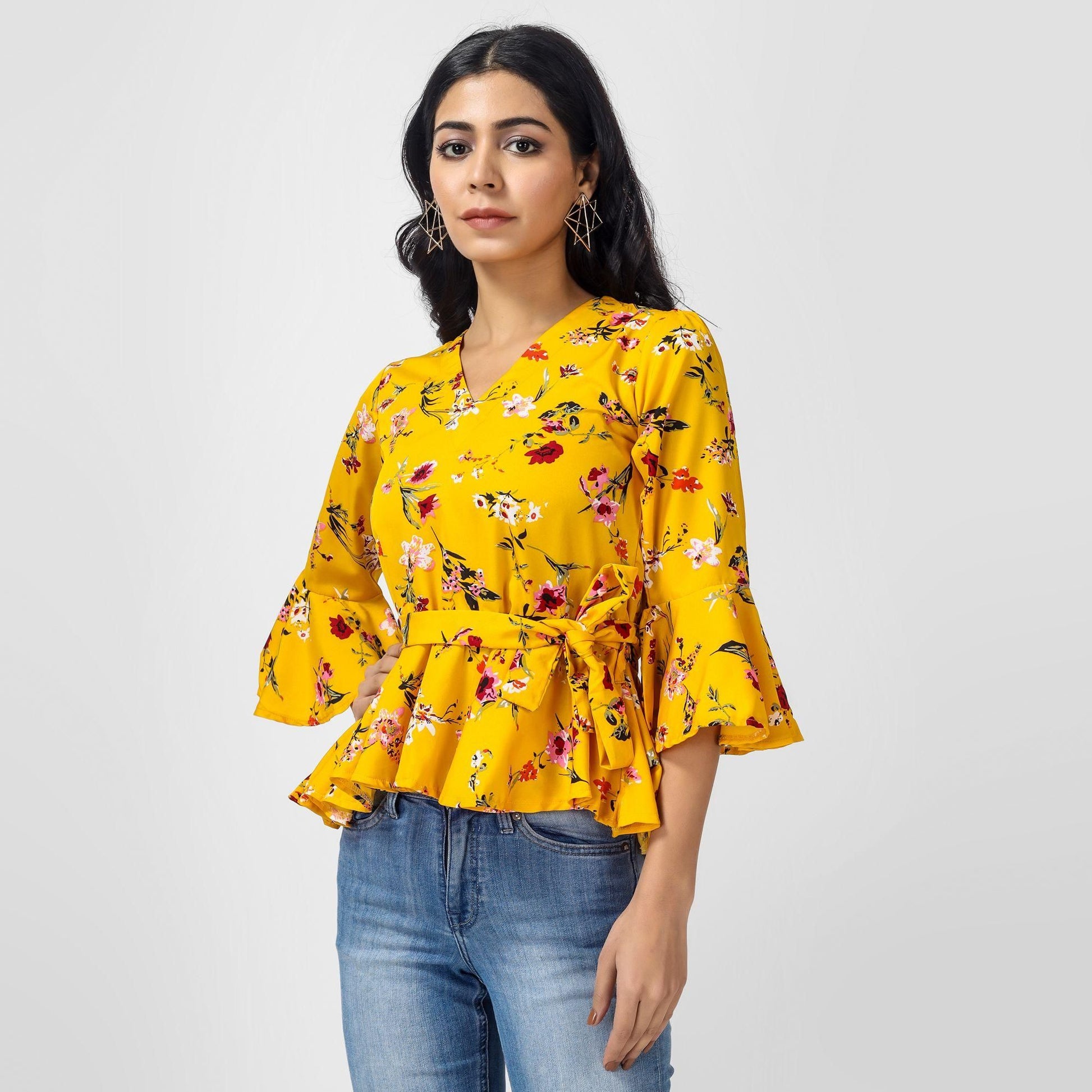 Women's Crepe Floral Print Mustard Top