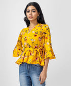 Women's Crepe Floral Print Mustard Top