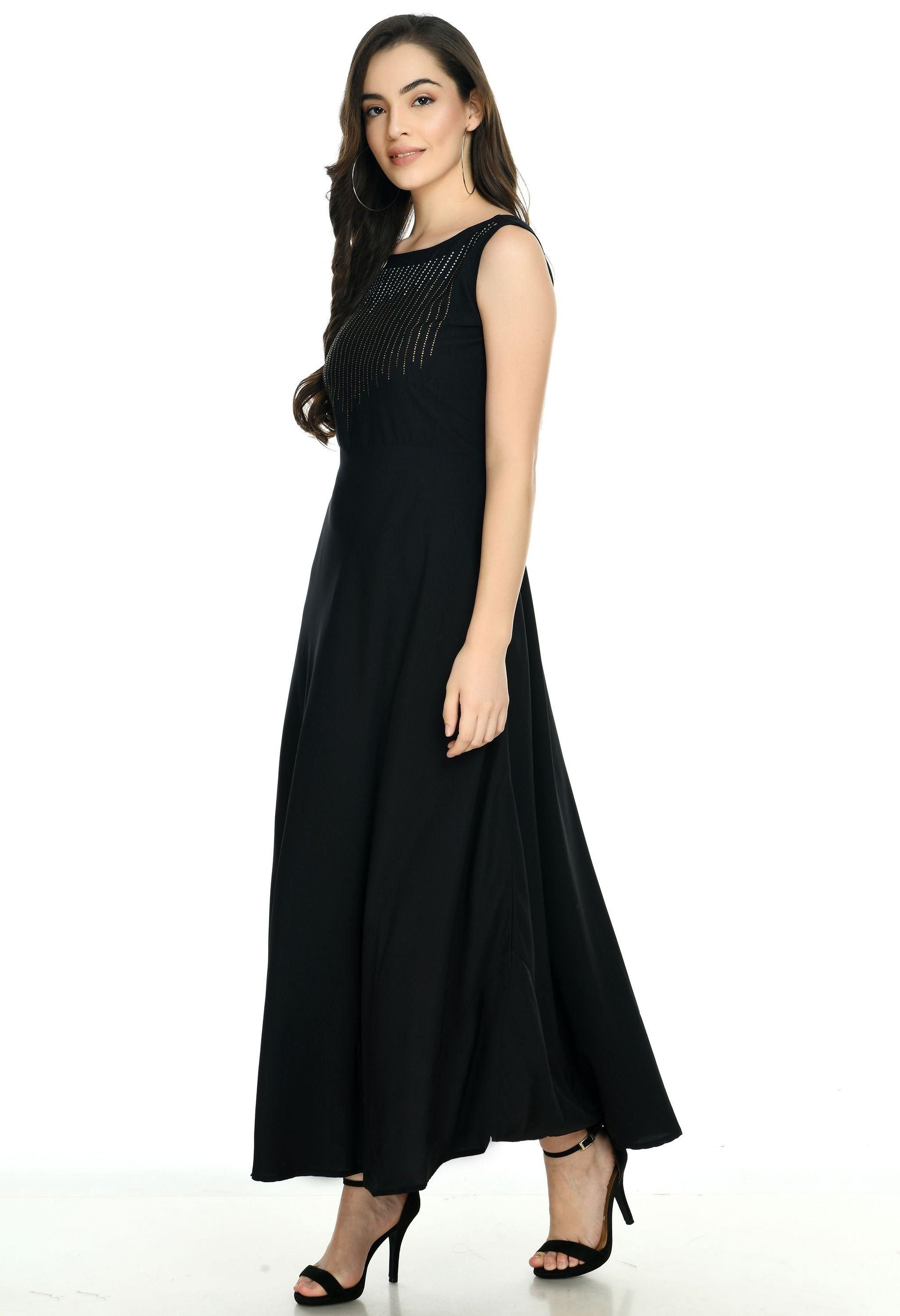 Women's Crepe Embellished Partywear Black Maxi Dress