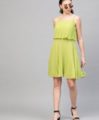 Women's Solid Green Pleated Strappy Skater Short Dress