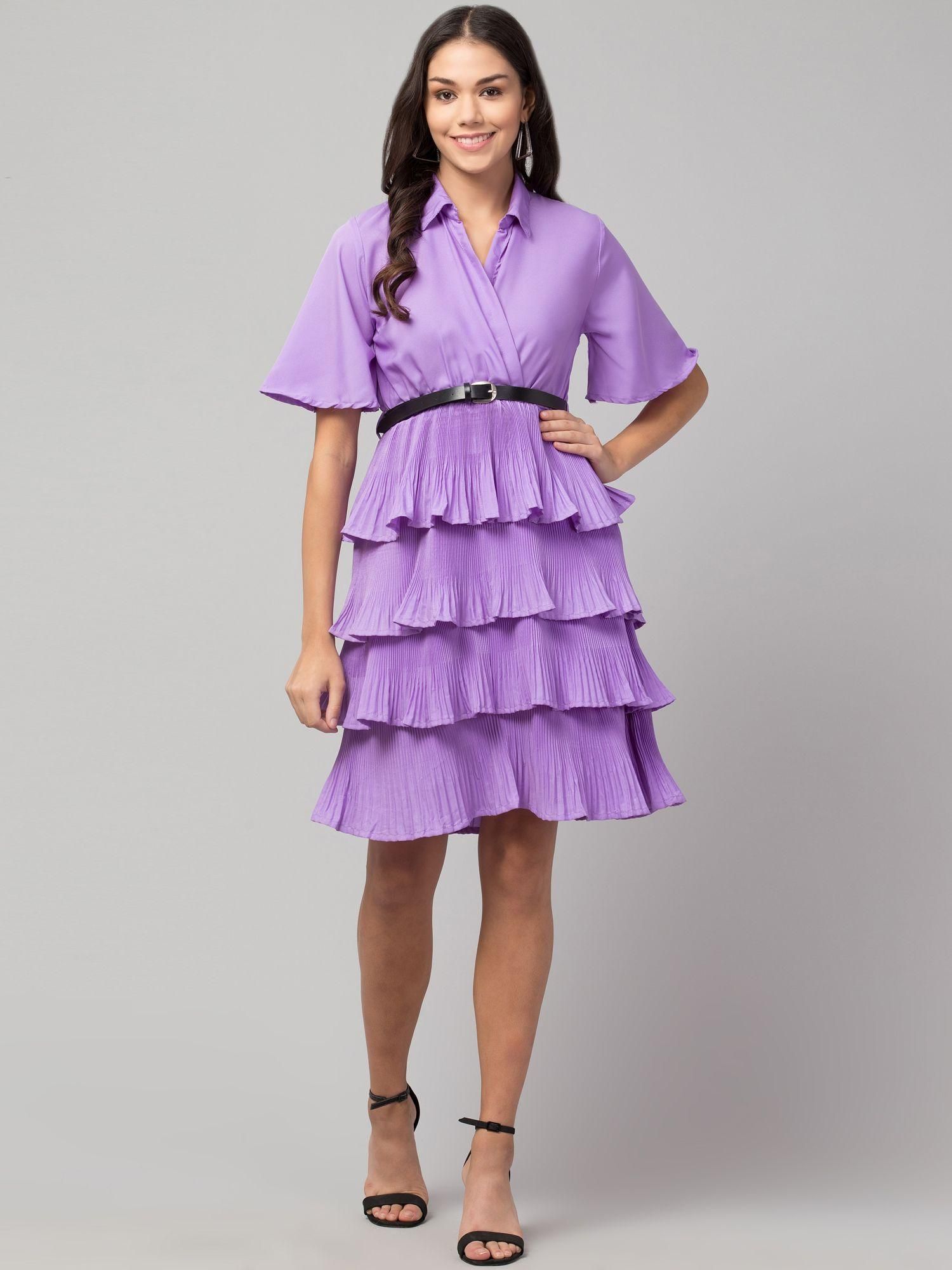 Women's Crepe Solid Shirt Collar Flared Lavendar Short Dress