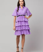 Women's Crepe Solid Shirt Collar Flared Lavendar Short Dress