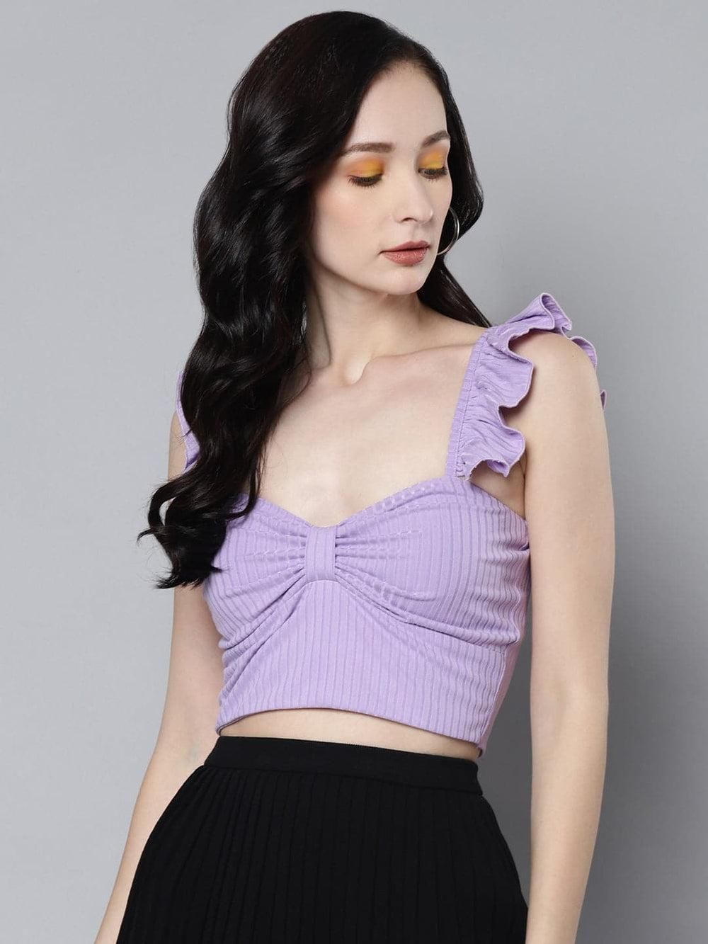 Women's Solid Lavender Rib Sweetheart Neck Crop Top