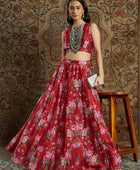 Women's Red Chandri Floral Crop Top With Skirt