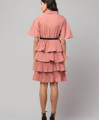 Women's Crepe Solid Shirt Collar Flared Peach Short Dress