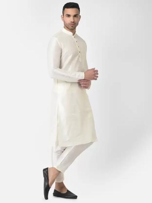 Men's Solid Dupion Silk Kurta Pyjama Set Off White