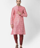 Men's Printed Dupion Silk Kurta Pyjama Set Pink-Red