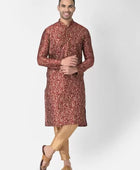 Men's Printed Dupion Silk Kurta Pyjama Set Red-Golden