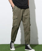 Men's Cotton Solid Multipocket Olive Cargo Pant Slim Fit