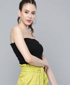 Women's Solid Black Smocking Tube Knit Top