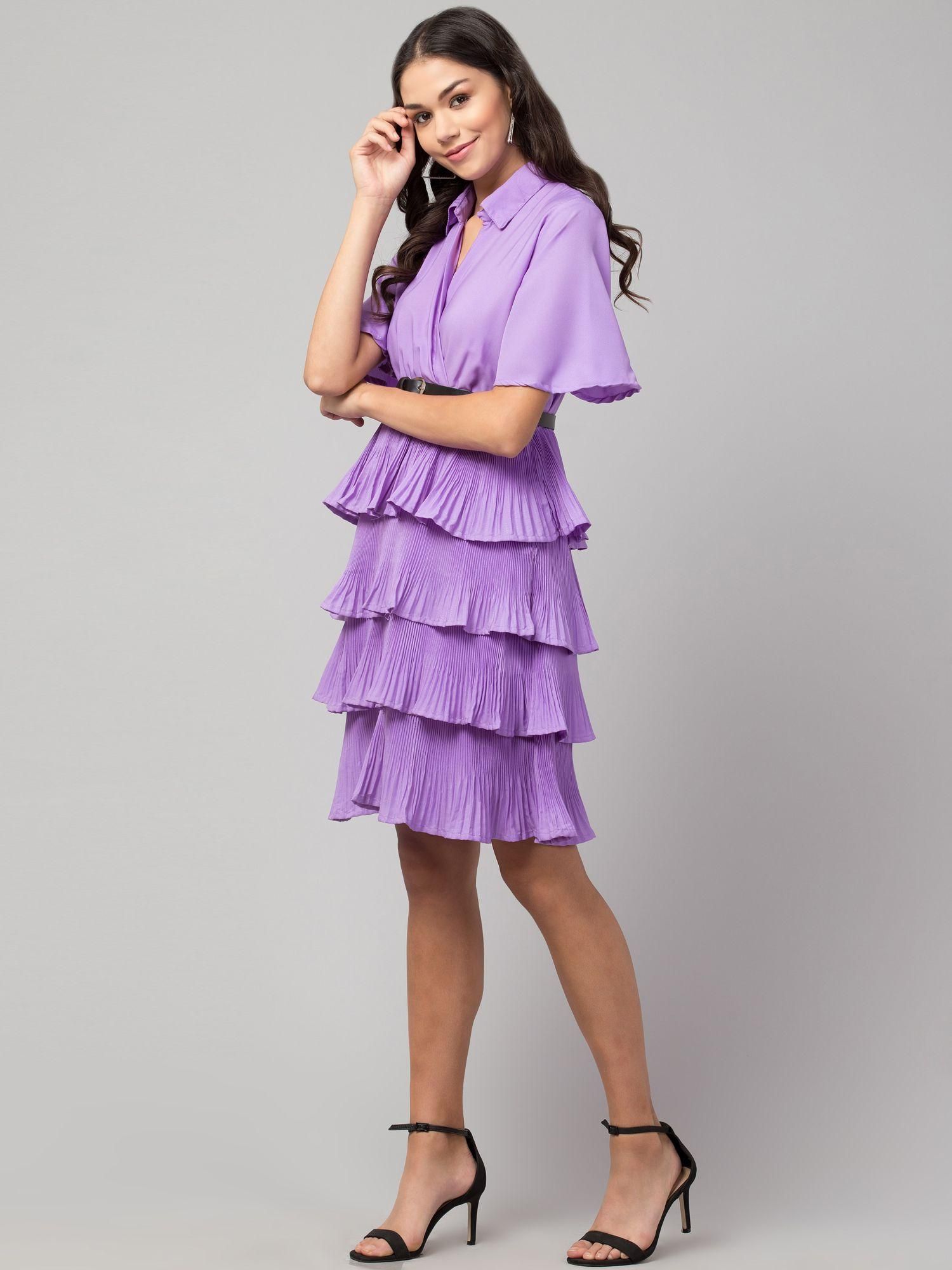 Women's Crepe Solid Shirt Collar Flared Lavendar Short Dress