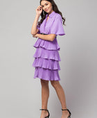 Women's Crepe Solid Shirt Collar Flared Lavendar Short Dress