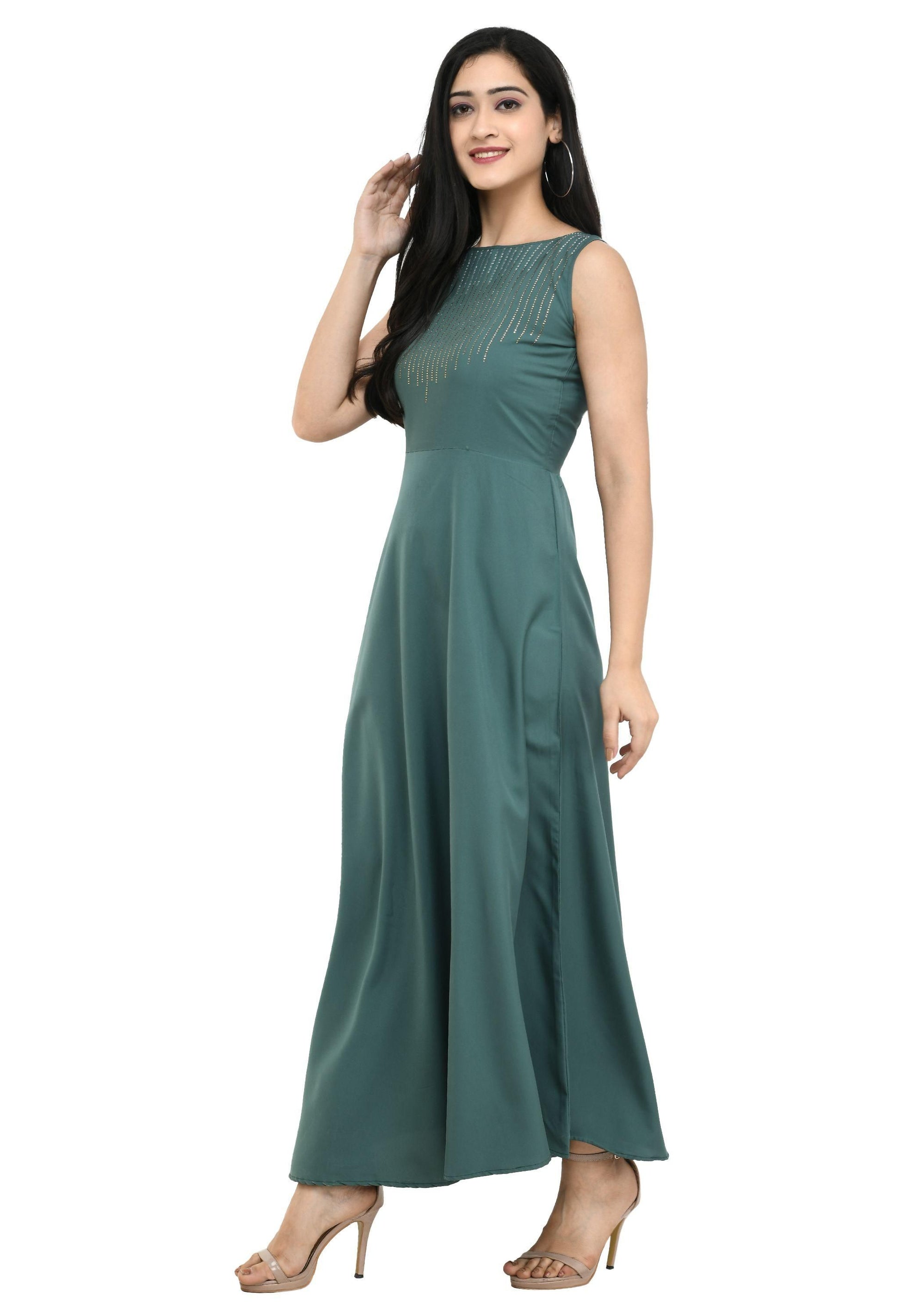 Women's Crepe Embellished Partywear Green Maxi Dress