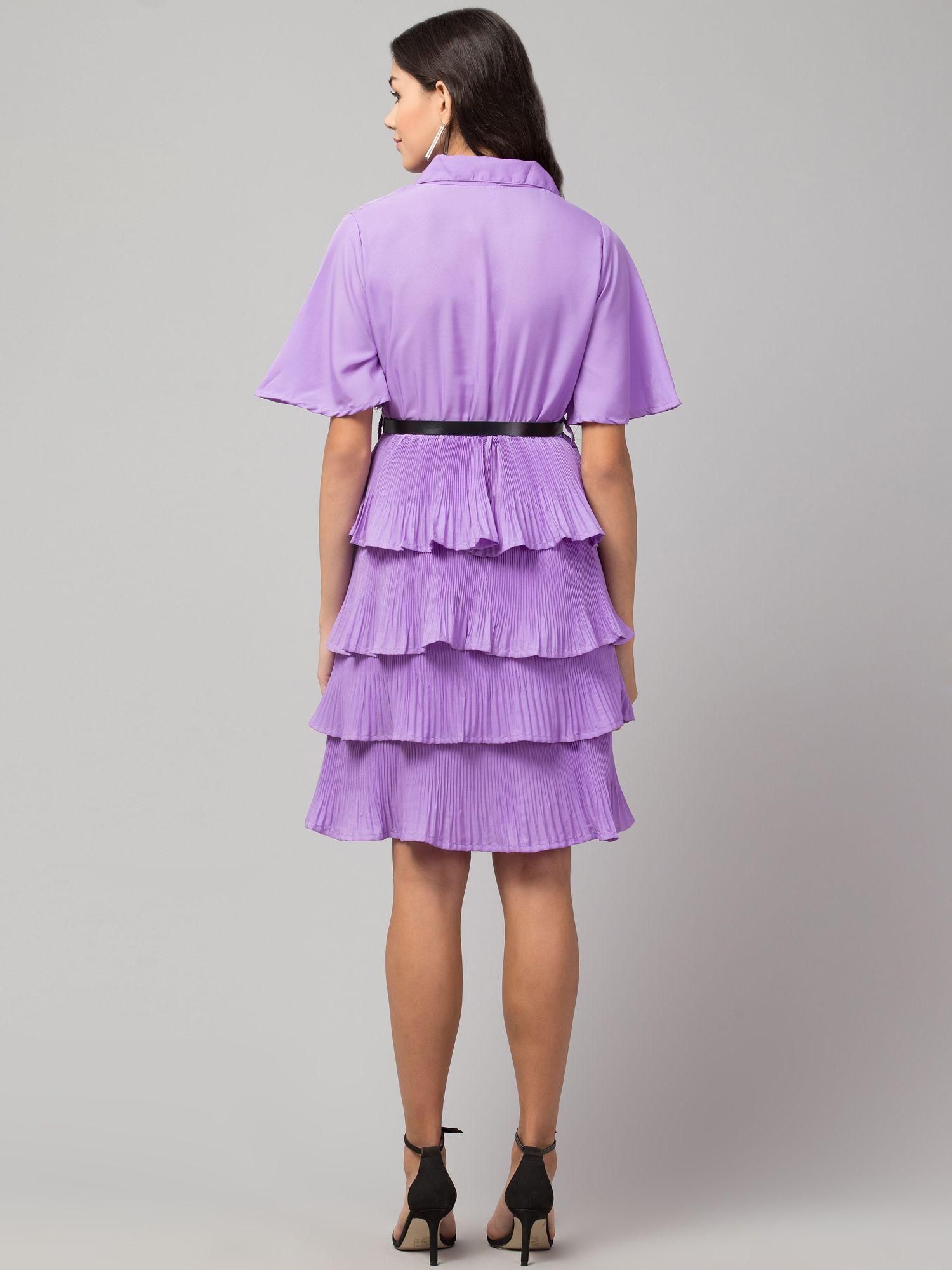 Women's Crepe Solid Shirt Collar Flared Lavendar Short Dress