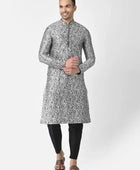 Men's Printed Dupion Silk Kurta Pajama Set Silver-Black